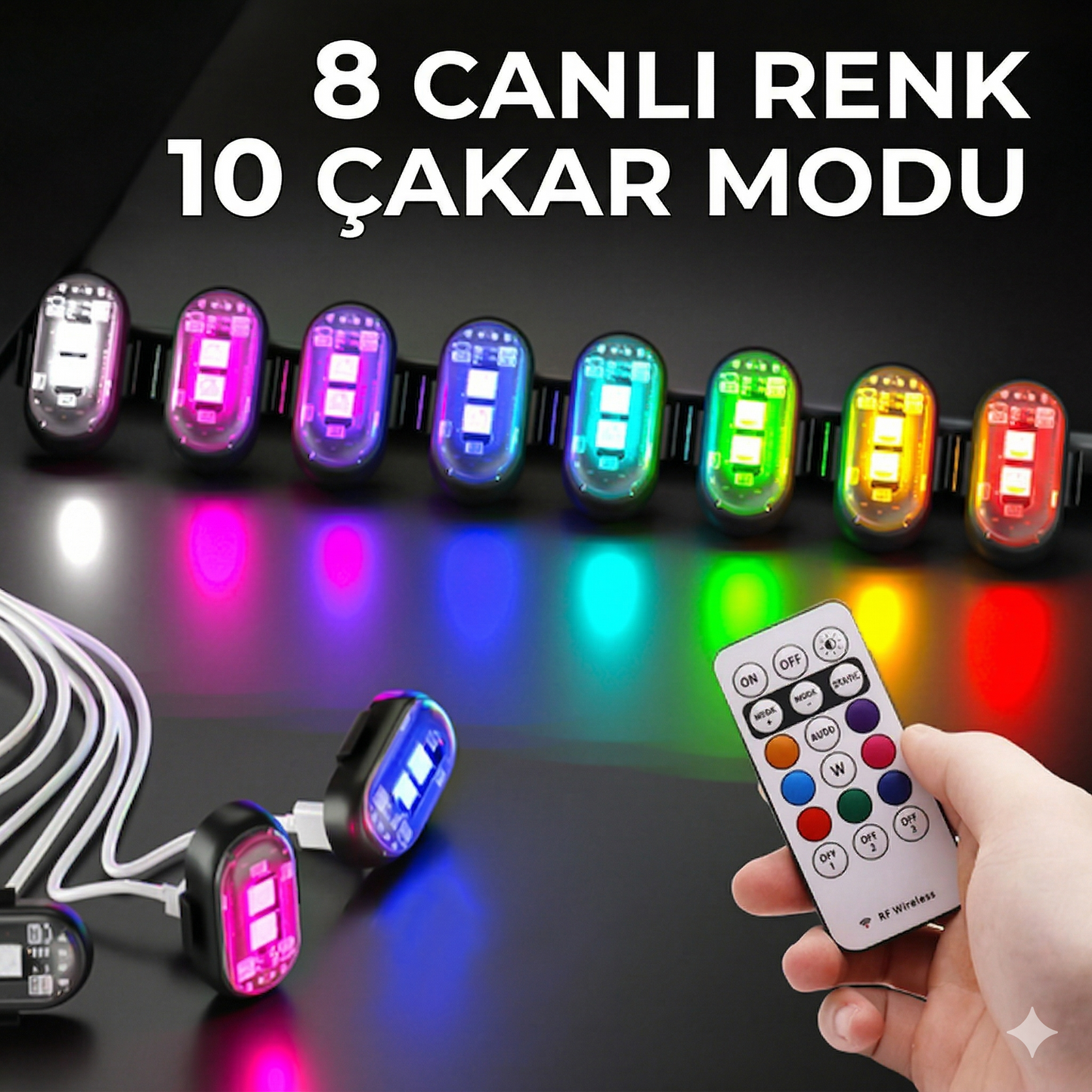 Mini RGB Uzaktan Kumandalı Araba Lambaları (USB-C ile Şarj Edilir)